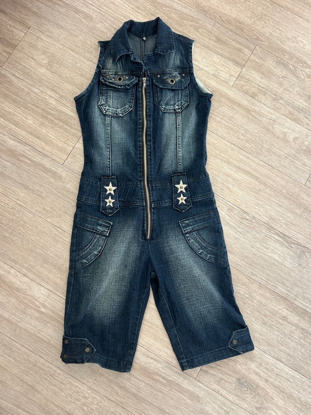 Dark Blue Denim Sleeveless Romper with Star Trim